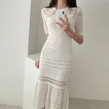 Elegant Hollow Out Women Knit Short Sleeve High Waist Bandage With Vest Midi Female Fashion Chic Dress