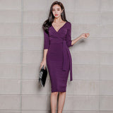 Autumn Women Vintage Elegant Office Lady V-Neck Vestidos Business Waistbelt Bodycon Slim Dress