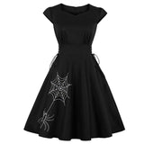 Lace Up Side Bat Embroidery Halloween Party Black Sweetheart Cap Sleeve Vintage Retro Tunic Dress
