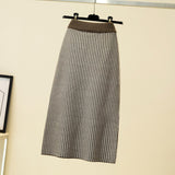 Elegant Office Lady Houndstooth Contrast Color Elastic High Waist Knit Pencil Midi Skirt