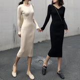 Autumn Winter Women Casual V-Neck Knitted Bodycon Dress Stretched Female Elegant Pencil Dress Sweater Vestidos