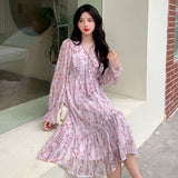 Summer Chiffon Elegant Floral Dress Women Print Sweet Casual Pretty Party Dress Female Casual Holiday Korean Sweet Dress 2021