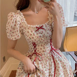 Summer Patchwork Kawaii Lace Up Japanese Sweet Party Mini Dress Short Sleeve Princess Chic Korean Bandage Dress