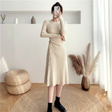 Autumn Winter Slim Kintted Dresses Women Long Sleeve A-line Korean Solid Knitted Thick Vestidos