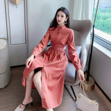 2021 Autumn Ladies Belted Long Dress Elegant Single-breasted Women Long Sleeve Solid Color Dress Office Ladies Vestidos