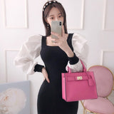 Spring Women New Elegant Square Collar Slim Knit Dresses Patchwork Puff Sleeve Korean Chic Long Sleeve Vestidos