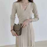 V Neck Long Sleeve Knitted Dress With Belt Autumn Winter Chic Elegant Pleated Midi Dress