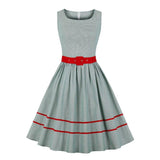 O-Neck Sleeveless 50s Striped Vintage Pleated Cotton Women Pocket Side Red Belt Casual Ladies Dress