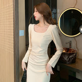 Autumn Women Elegant Square Collar Split Knee-Length Dress Female Solid Color Long Sleeve Fashion Holiday Party Vestdios