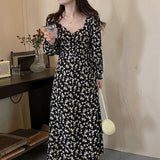 Women Vintage Floral Print Lace-Up Dress Square Collar Full Sleeve Female A-Line Dress Elegant Spring Vestidos