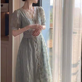 Summer Vintage Dress Women V-Neck Designer Lace Sexy Elegant Floral Dress Female Casual Chic Slim Short Sleeve Fairy Dress 2021