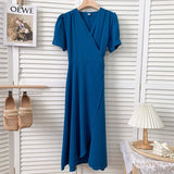 Elegant Wrap Woman V Neck Short Sleeve Solid Color Casual Belted Midi Dress