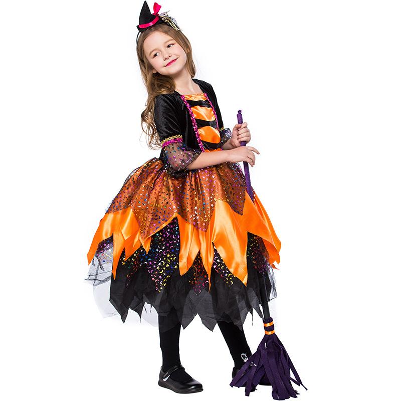 Orange Pumpkin Witch Costume Cosplay For Kids Halloween Costume For Children Carnival Performance Party Dress Suit