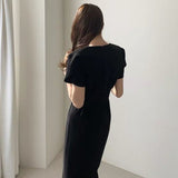 Women Summer Chic Korean Fashion Dress Office Lady Elegant Work Basic Wear Solid Dresses Vestidos