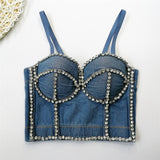 Autumn Lingerie Sexy Denim Rhinestone Women Cropped Top Corset Crop Tank Top Push Up Bustier Camis Built in Bra