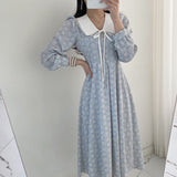 French Style Women's Spring and Summer Shirt Dress Fashion Print Retro Bow Long Sleeve Party Dress