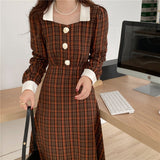 Women 2021 Autumn French Elegant Square Neck Lace Chic Single-Breasted Puff Sleeve A-Line Plaid Vestidos