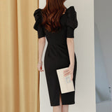 Elegant Party Women Dress Slim V-Neck Knee-Length Pencil Korean Style Dress 2021 Summer Office Lady Puff Sleeve Vestdios