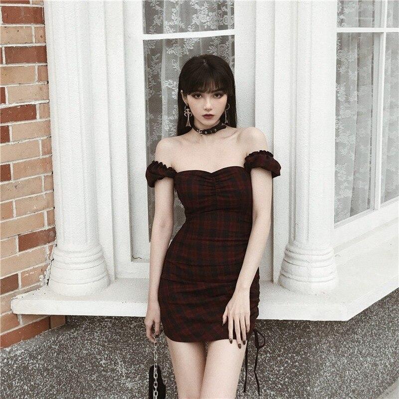 Gothic Girls Sexy Vintage Dress Red Balck Pleated Plaid Women Mini Short Dresses Spring Summer Preppy style Punk Clothing