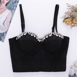 Short Sexy Rhinestone Crop Top Show Top Mesh Solid Women Camis Tops With Built In Bra Push Up Bralette