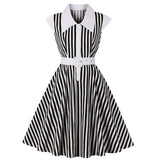 Black White Striped Cotton Robe Pin Up Swing Retro Vintage Dress With Pockets Streetwear