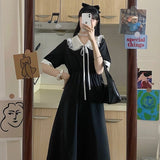 2021 Summer Kawaii Black Midi Dress Women Japanese Sweet Cute Peter Pan Collar Dress College Style Lace Short Sleeve Dress New