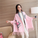 Winter Knitted Women Poncho Tassel Floral Embroidery Cardigans Batwing Sleeves Sweater Loose Shawl