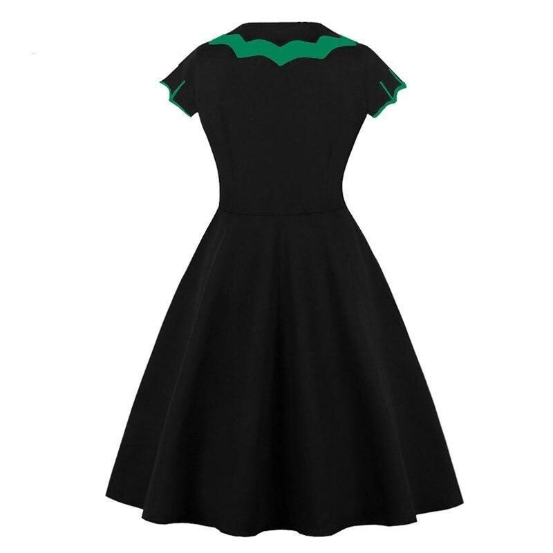 Green Bat Embroidery Halloween Party Vintage Black Women Cap Sleeve Keyhole Front Cotton Retro A Line Dress