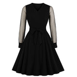 Little Black Formal Long Sleeve Mesh Sashes V Neck Robe Pin Up Swing Party Ladies Dresses