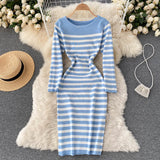 Autumn Winter Midi Round Neck Long Sleeve Elegant Striped Knitted Dress Sexy Bodycon Dress