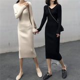 Autumn Winter Women Casual V-Neck Knitted Bodycon Dress Stretched Female Elegant Pencil Dress Sweater Vestidos