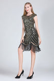 1920s Vintage Flapper Party Art Deco Great Gatsby Dress Shiny O-Neck Cap Sleeve Sequin Bead Fringe Embellished Dress