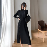 Women Elegant Sweater Dress Female Fashion Casual Loose Turtleneck Solid Pullover Femme Autumn Winter Knitted Split Dress