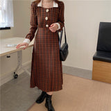 Women 2021 Autumn French Elegant Square Neck Lace Chic Single-Breasted Puff Sleeve A-Line Plaid Vestidos