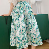 Summer Women High Waist Sweet Floral Print A-Line Elegant Skirt Oil Painting Outwear