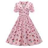 French Plus Size Women Vintage Dress Cherry Print Short Sleeve Sweet Pink High Waist Puff Sleeve V-neck Summer Dress Vestidos