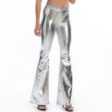 Sexy PU Leather Metallic Pants Shiny Holographic Flare Pants Women Girls Bodycon Elastic Waist Bell Bottom Trousers Clubwear