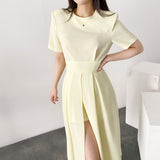 Women Elegant Vestidos 2021 Summer Female Korean Style Slim Casual Party Chic Sexy Spilt Dresses