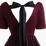 Burgundy Tie Back Lace Overlay Pleated Elegant Party Short Sleeve 50s Vintage Robe Women Backless Swing Dress