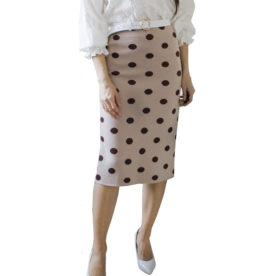 Elastic Pencil Women High Waist Long Knitted Office Thick Polka Dot Midi Skirt