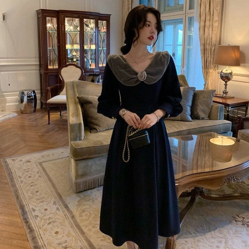 French Elegant Midi Dress Women Party Long Sleeve Black Vintage Y2k Dress Evening Party One Piece Dress Korean Fashion Gothic