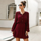 Ladies Vintage Long Sleeve Shirt Boho Beach Casual Plaid Print A-line Midi Dress