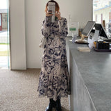 2021 Spring Women Chic O-Neck Full Sleeve Dress Elegant Female Straight Printed Midi Dress Vintage Ruffle Vestidos