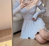 Blue Lolita Kawaii Knitted Dress Women Japanese Lace Patchwork Sweet Sweater Dress Female Sexy Korean Cute Party Mini Dress 2021