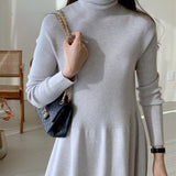 Winter Elegant Warm Turtleneck Ladies A-line Sweater Dress Full Sleeve Slim Waist Women Knitted Maxi Vestidos