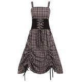 Drawstring Irregular Hem Gothic Plus Size Dress S-5XL Retro Plaid Striped Streetwear Vintage Lace Up Waist Midi Jurk For Party
