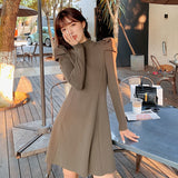 Women Winter Puff Sleeve Casual Dress Female Long Sleeve O-Neck Mini Rib Knitted Slim Wrap Dress