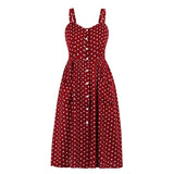 Yellow Polka Dot Spaghetti Strap V Neck Button Up Cotton Party Casual Dresses With Pockets