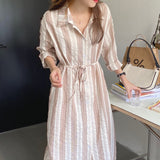 Autumn Casual Elegant Office Lady Shirt Dress Lapel Long Sleeve Striped Midi Dress With Belt