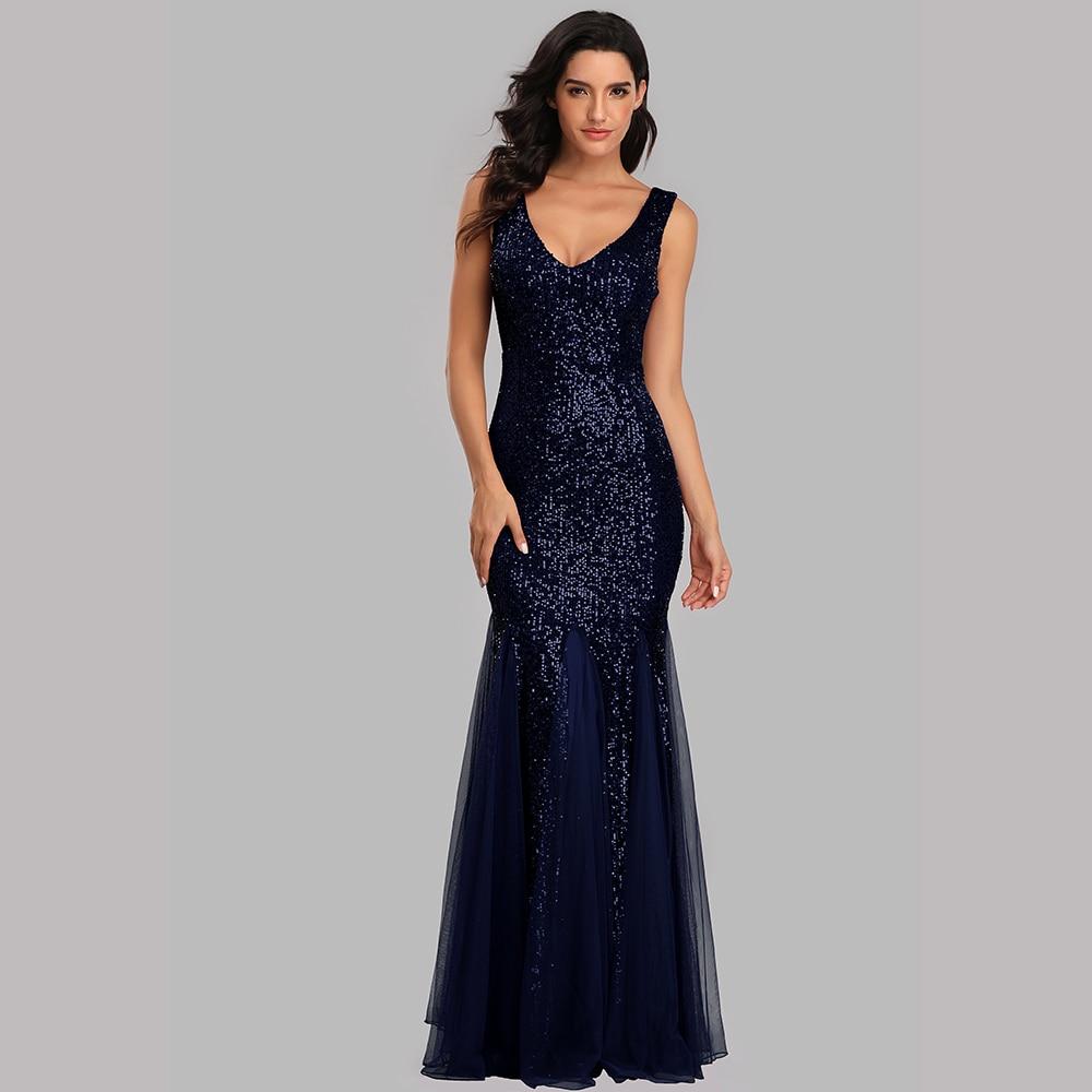 Plus Size V Neck Mermaid Cocktail Dress Long Formal Prom Party Gown Sequins Sleeveless Robe Sexy Evening Vestido